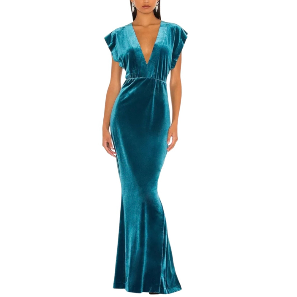Norma Kamali Teal V-Neck Rectangle Plunging Floor Length Maxi Dress Size XS